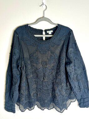 Sundance Black Eyelet Embroidered Boho Scallop Hem Whimsigoth Top Witchy Sz L